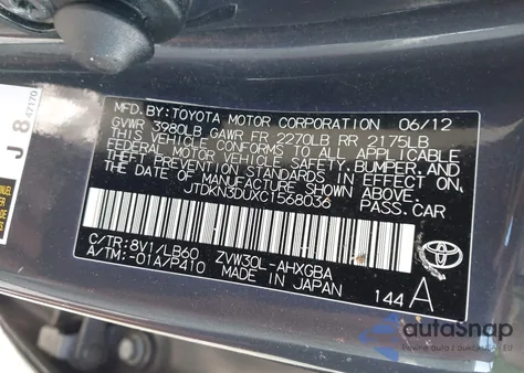 2012 Toyota Prius from USA, damaged, VIN JTDKN3DUXC1568036